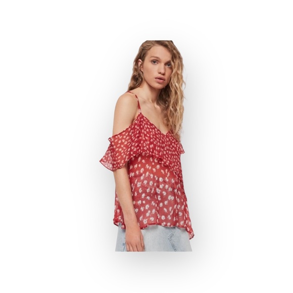 new Allsaints ꕥ Off Shoulder Ruffled Silk Floral Print Top ꕥ Red ꕥ Wear 2 Ways - Picture 13 of 16